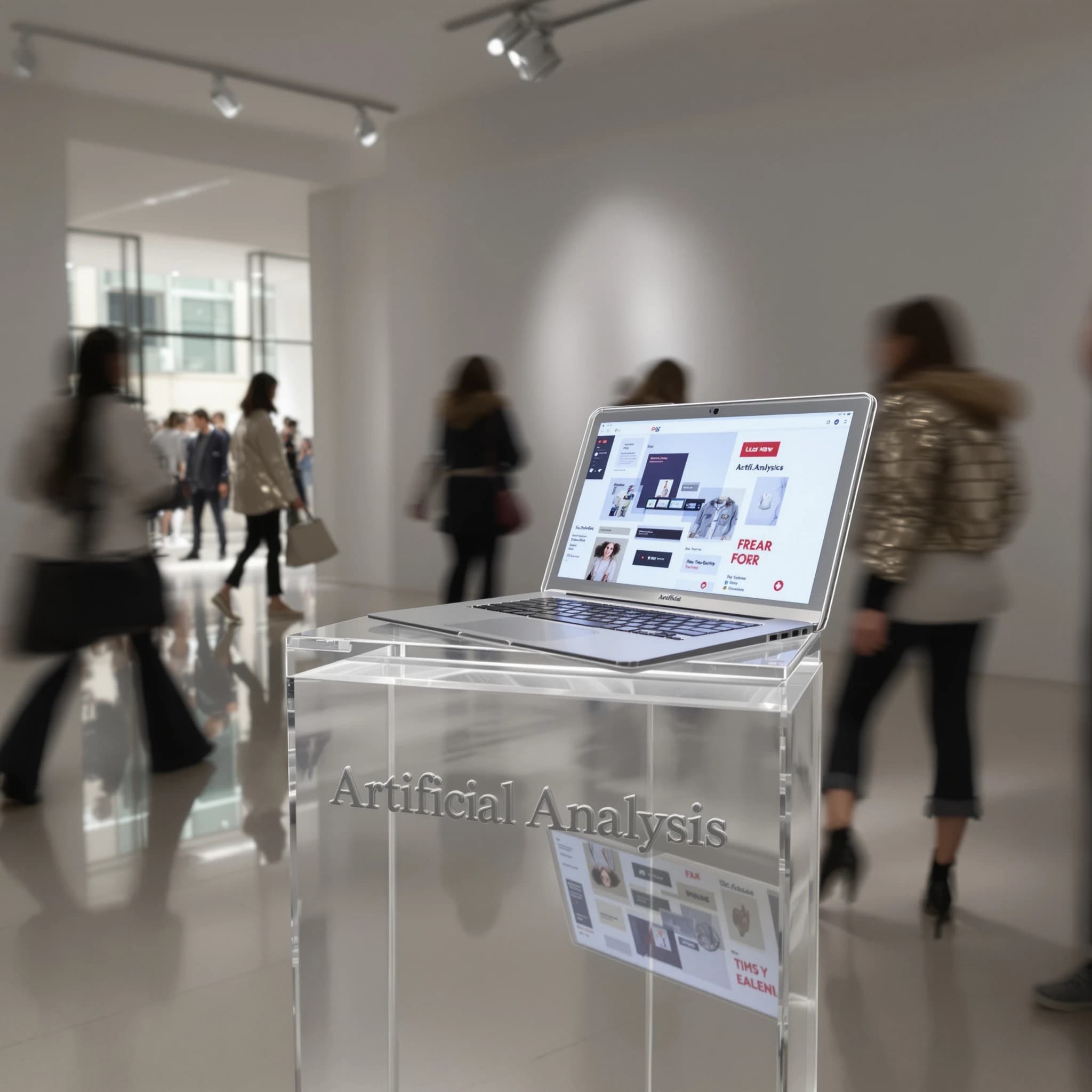 In a spotless gallery space, a pedestal supports a transparent laptop whose screen flickers between static and pristine brand imagery. Shoppers blur past in designer clothes that appear slightly outdated - bell bottoms, metallic jackets. The embossed logo “Artificial Analysis” glints silver, yet its reflection in the glass floor reads in crimson letters. A single spotlight shines, though shadows fall in two directions.