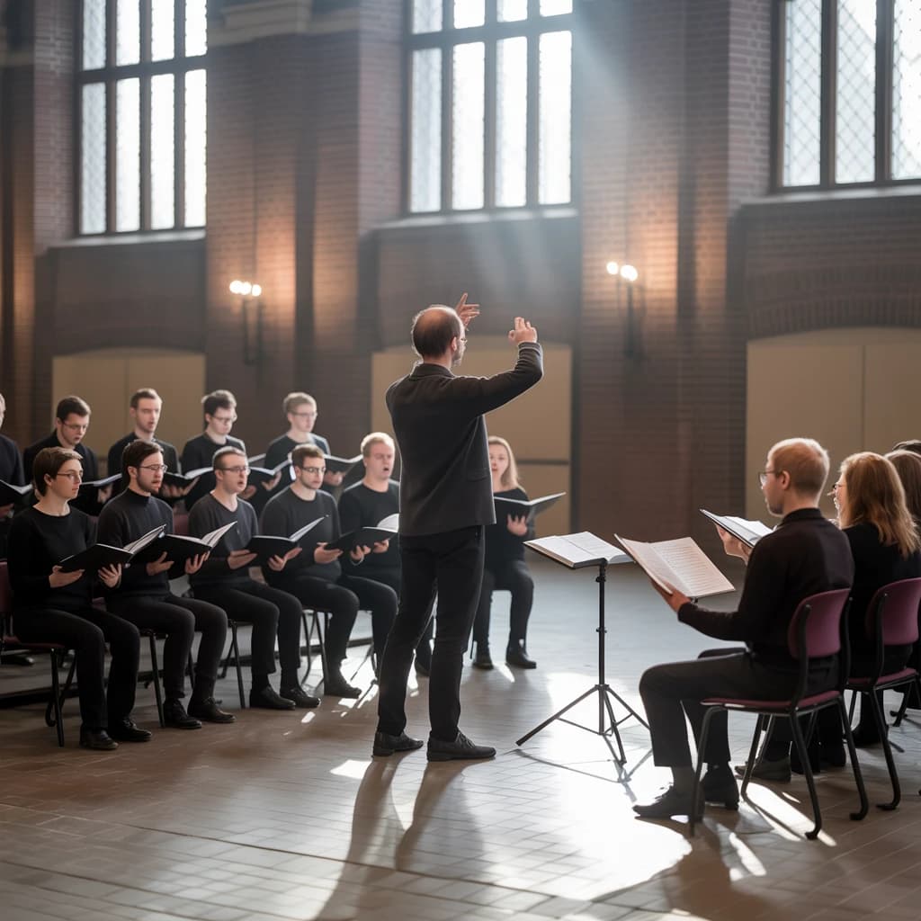 A choir rehearses in a brick hall as somewhat dramatic morning light falls through high windows, with a patient conductor mid-gesture, open scores, intent faces, slight motion blur.