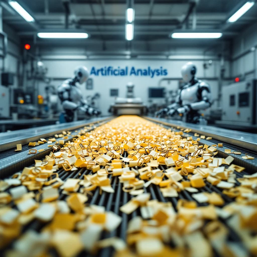 Close up point of view perspective on a conveyor belt pumping out paperclips at a maddening pace. The high tech factory has Artificial Analysis printed proudly on the wall. Robot staff look approvingly over the robust output.