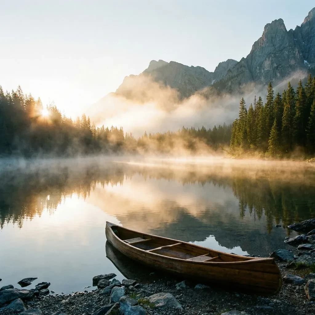 I want a photo of a misty alpine lake at dawn, pines, glassy water, warm light.