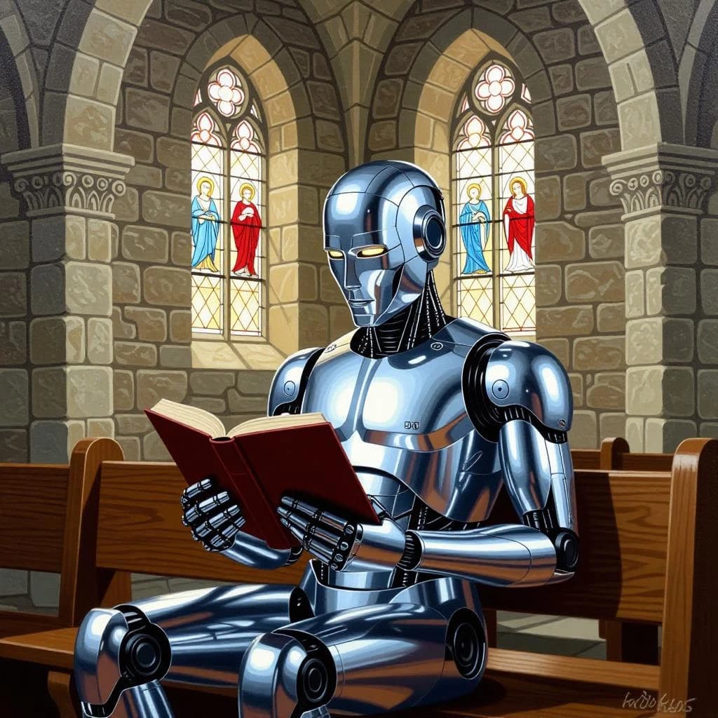 Oil painting of a chrome android reading in a stone chapel, a bit somber.