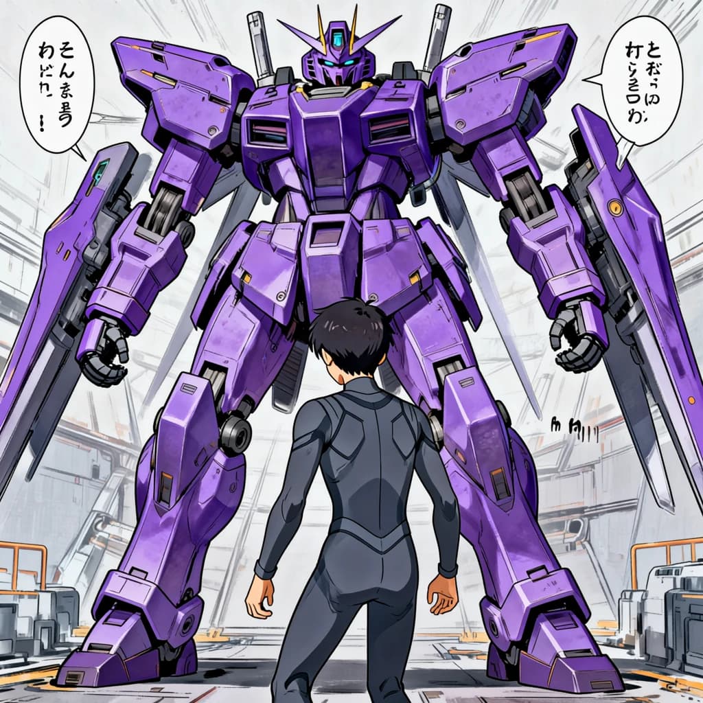 Clad in his body suit up to the neck, young Masa nervously approaches the towering mech with his back facing us. He is nervous for his first time in the field. The mech's bright purple colour scheme contrasts with the grey body suit. The scale of the mech dwarfs Masa. Hand drawn style