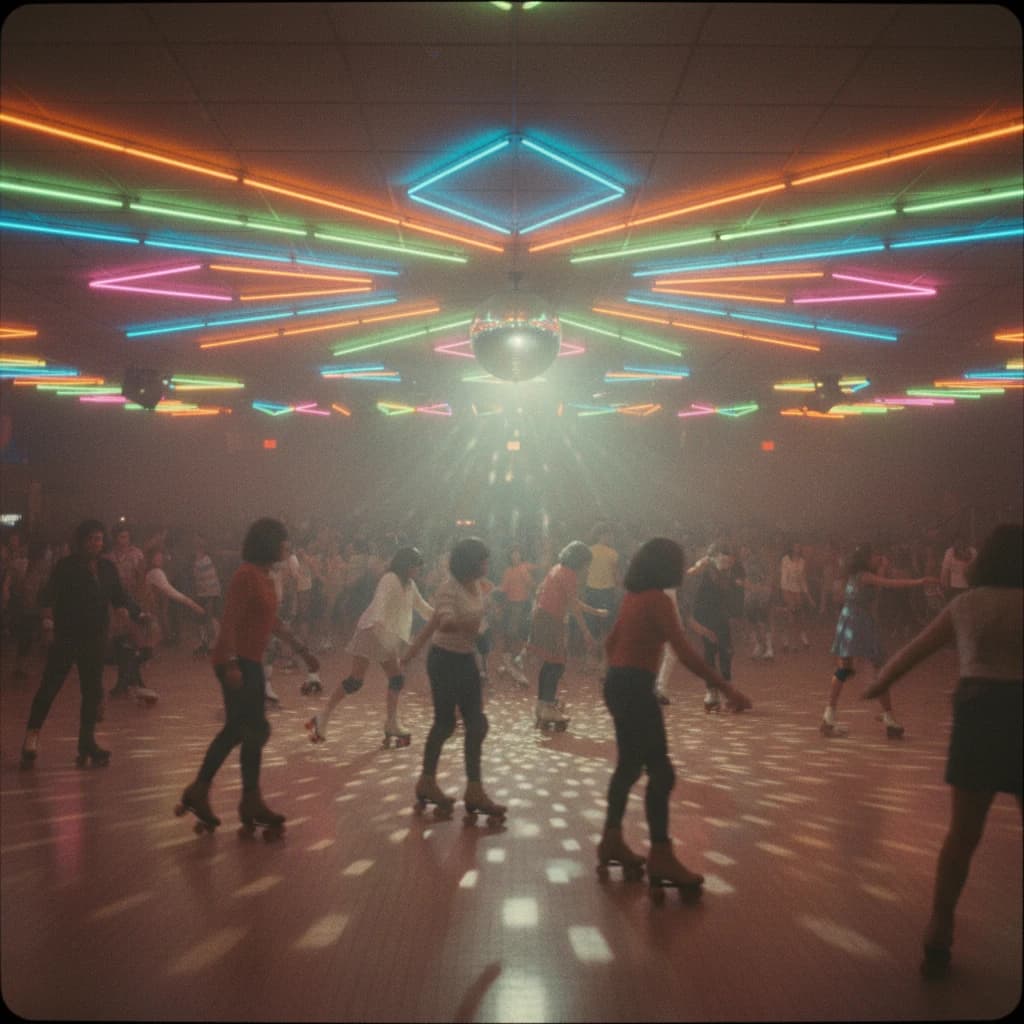 A 1970s roller rink crowd skates under neon, with a bit of fade and film grain.
