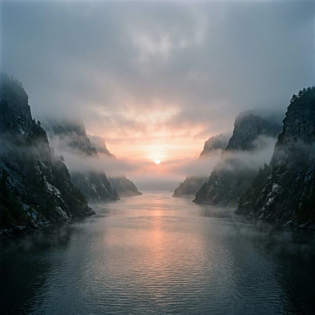 Frame a foggy fjord at sunrise, cliffs looming.