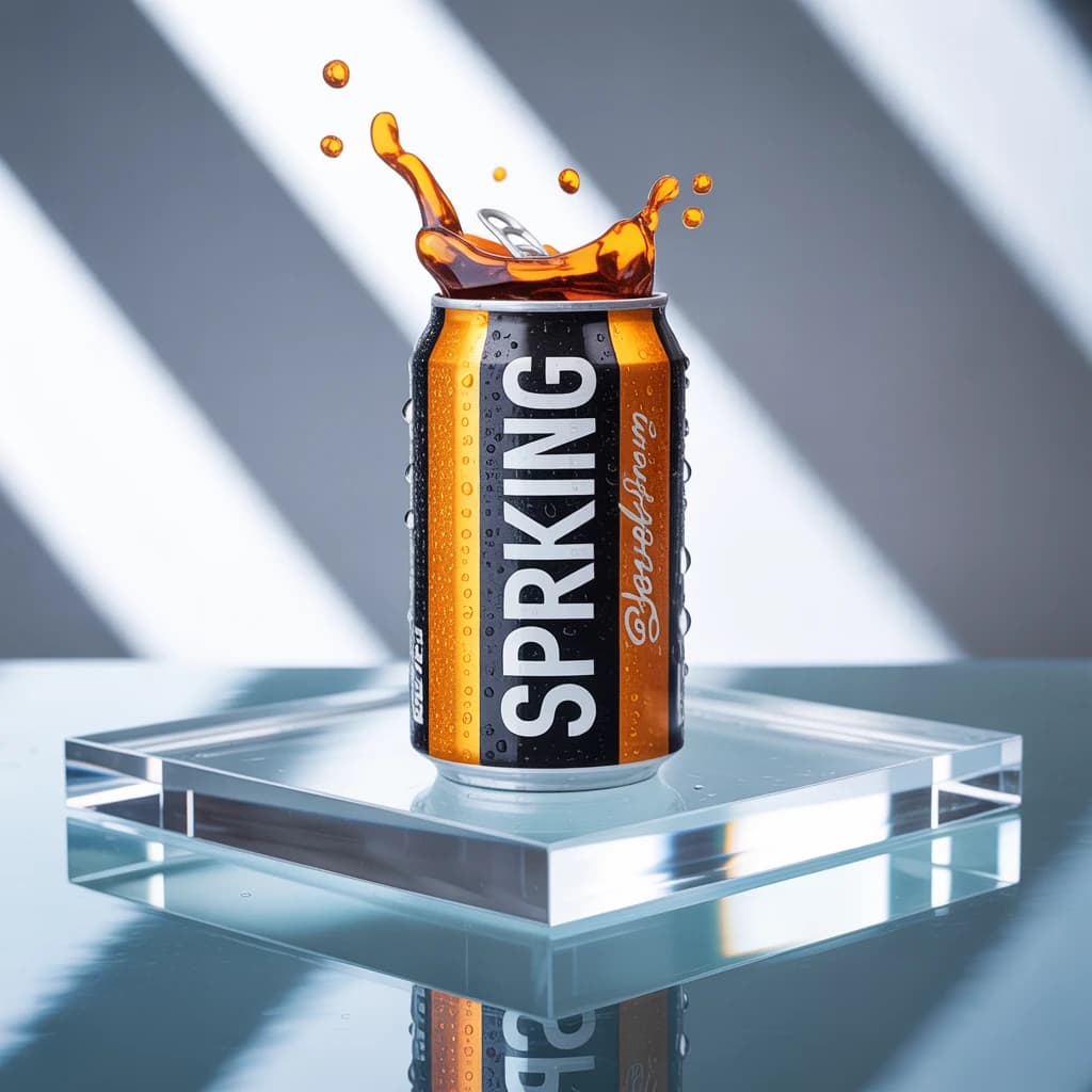 A close-up ad shot of sparkling soda can on glossy acrylic, harsh top light.