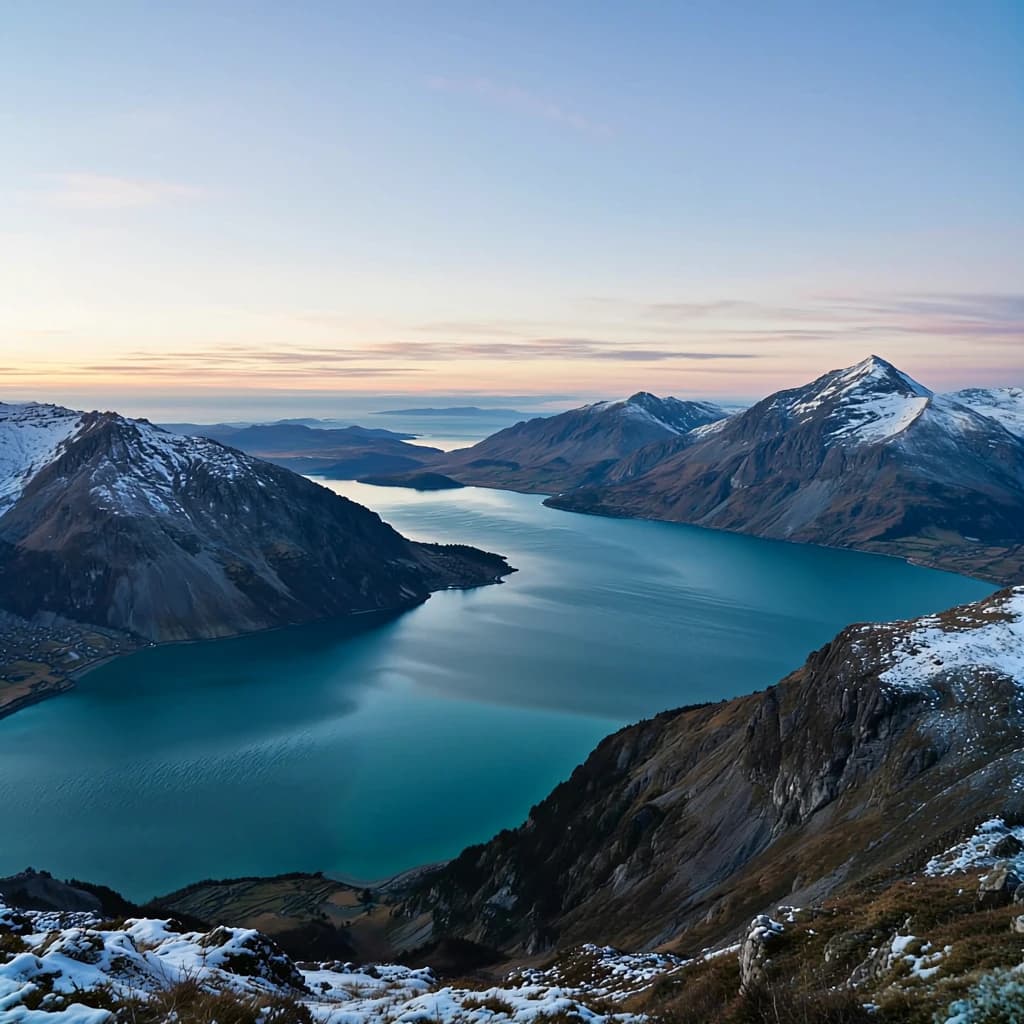 Queenstown's Lake Wakatipu, viewed from the top of Queenstown Hill after a snowstorm just dusted the top of Cecil's Peak