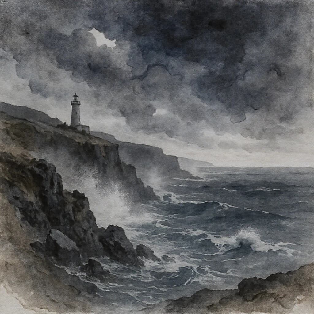 Please paint a watercolor of stormy cliffs and a lighthouse, moody sky.