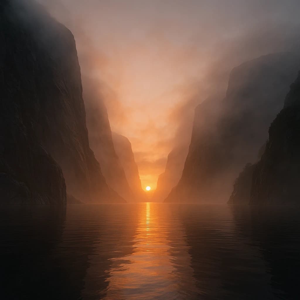 Frame a foggy fjord at sunrise, cliffs looming.