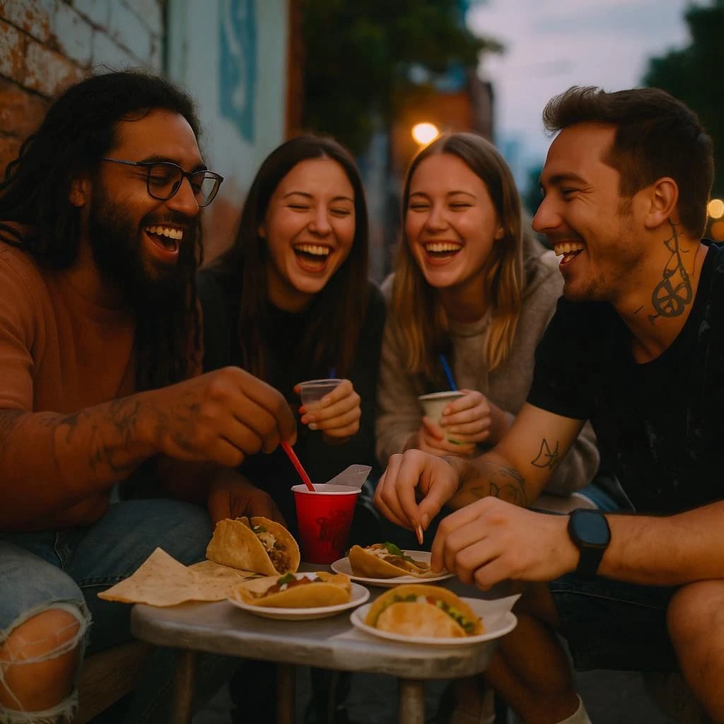 Friends laugh over street tacos at dusk, candid, shallow depth.