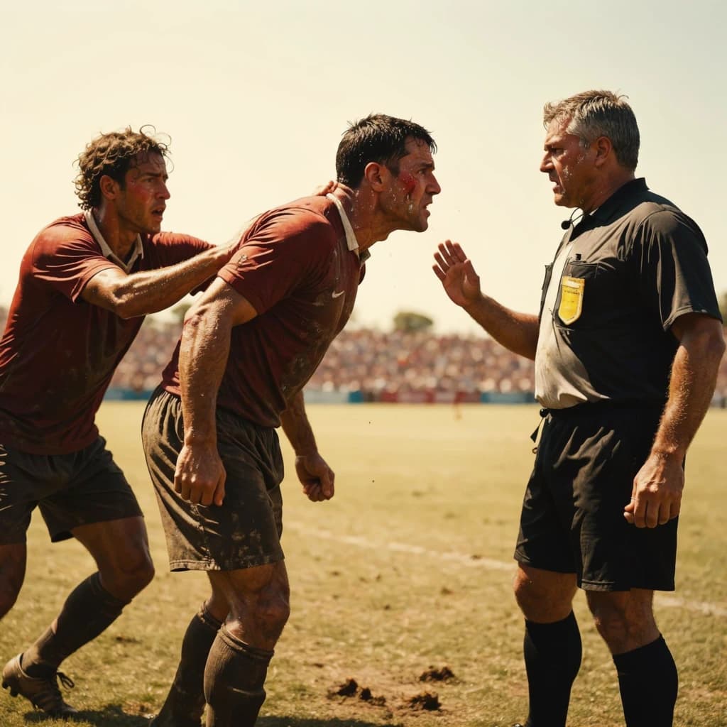The soccer player clashes with the ref. It is thick and humid and the heat is getting to the players. His friend tries to pull him off before he causes any more trouble.