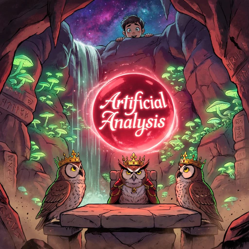 In a cavern lined with bioluminescent fungi glowing lime green, the council of owls wear jeweled crowns that glimmer with rubies, their wings folded behind their backs. Dust coats the stone table, a glowing orb inscribed with “Artificial Analysis” hovers above the table illuminating the owls with its red pulsating light. Behind them, a waterfall falls upward into a ceiling that opens onto stars - a child looks down in wonder from above at what he has stumbled across.