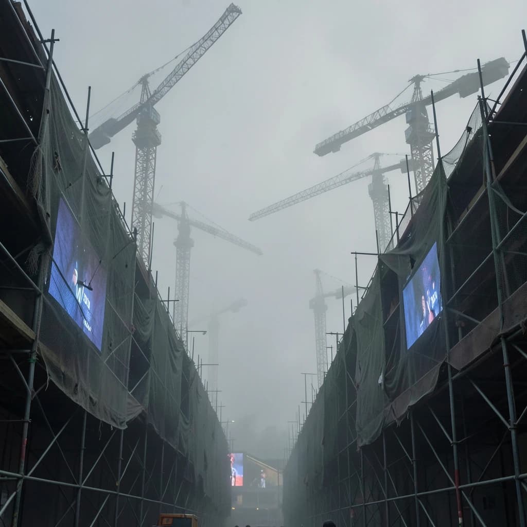 A construction site stretched upward into fog, cranes frozen in silhouette. Wind rattled scaffolding draped with torn mesh that glowed faintly from nearby billboards
