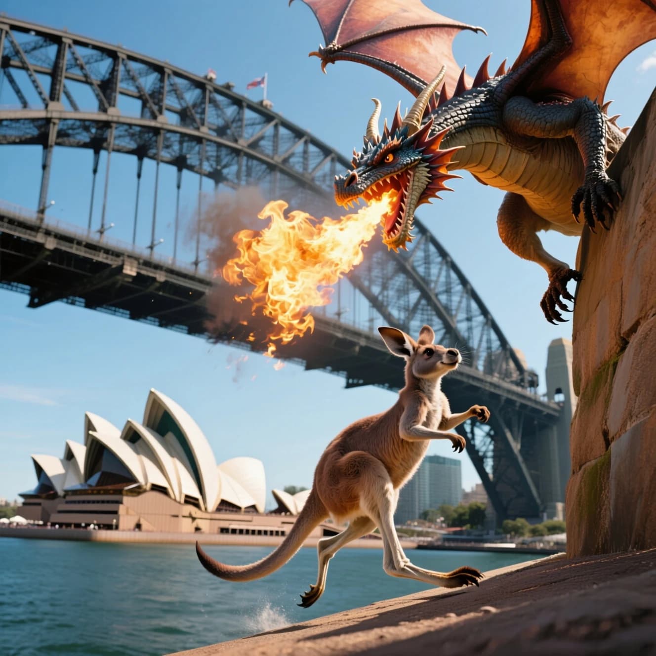 A dragon breathes fire at a kangaroo that is running away by climbing over the top of the Sydney Harbour Bridge. Opera House visible in the background.
