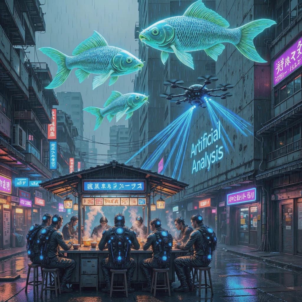 A neon alley in Neo-Tokyo 2142 drips with rain Cybernetic patrons slurp ramen at a stall with their glowing implants humming with blue light. Three giant holographic koi hover 10 metres above the ground and swim across the skyline, one has clipped into a building. A six-prop drone hovers nearby, projecting "Artificial Analysis" onto a wall with blue laser beams visible