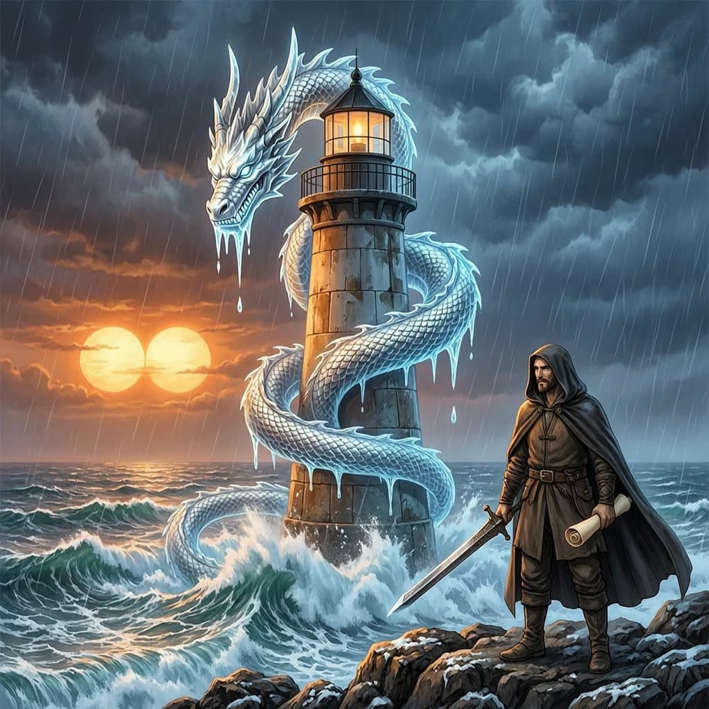 A dragon of molten silver coils around a lighthouse. The storming sea below crashes upward in frozen stillness, as though caught mid-motion. The dragon’s molten eyes drip tears of ice. On the horizon, two suns set next to each other, casting orange light on one side of the tower and blue on the other. A cloaked traveler carries an ancient weapon in his left hand and a scroll in his right.