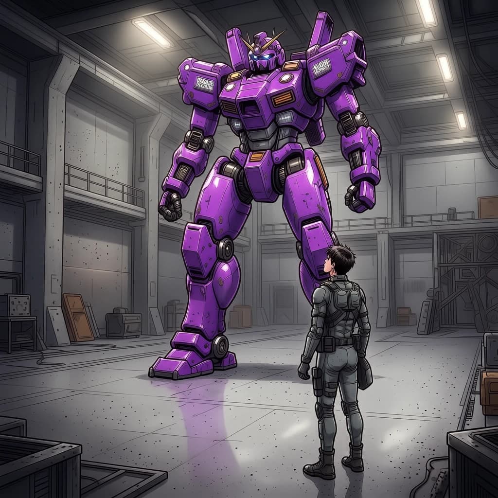 Clad in his body suit up to the neck, young Masa nervously approaches the towering mech with his back facing us. He is nervous for his first time in the field. The mech's bright purple colour scheme contrasts with the grey body suit. The scale of the mech dwarfs Masa. Hand drawn style