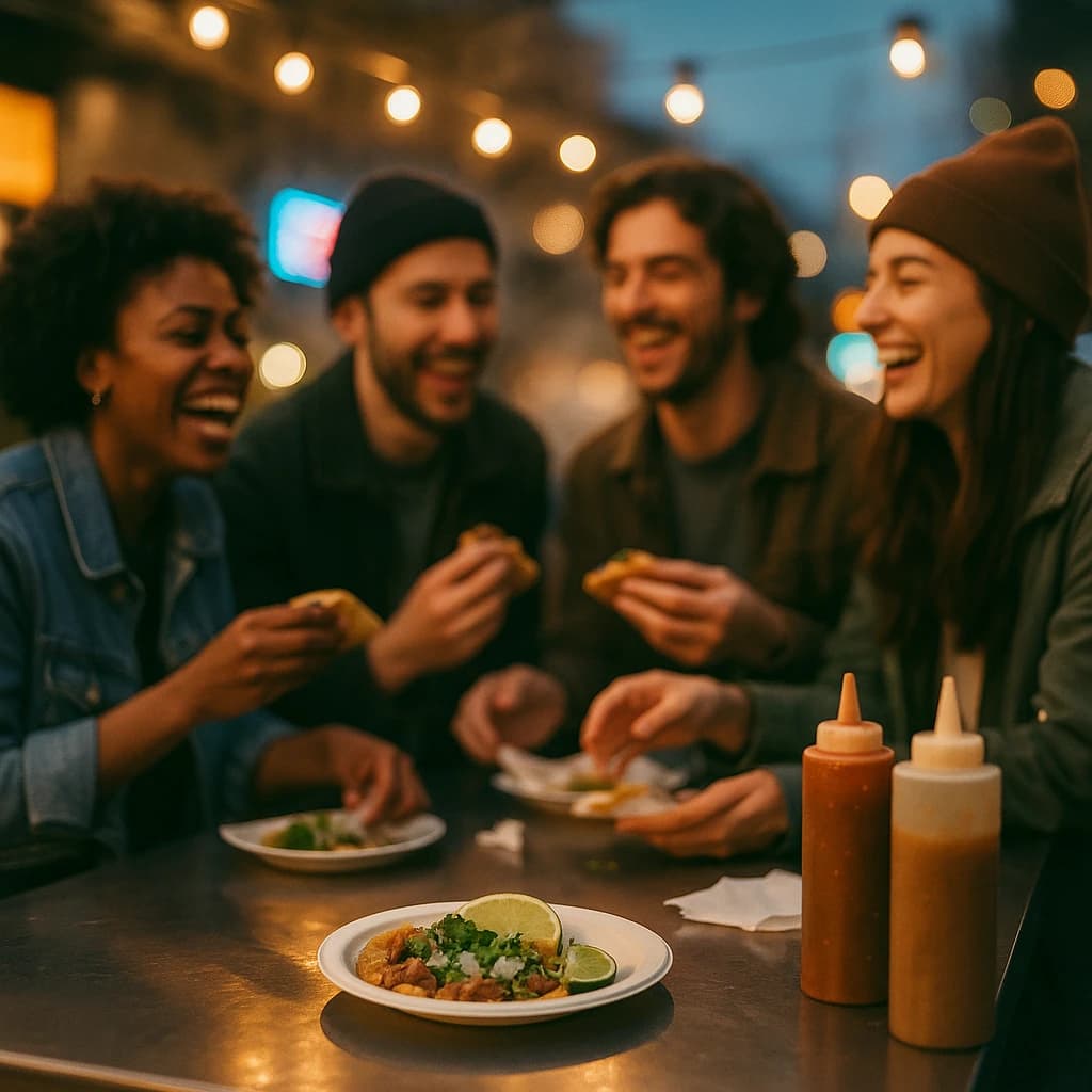 Friends laugh over street tacos at dusk, candid, shallow depth.