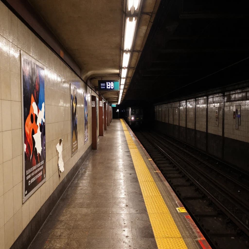 A subterranean subway platform with glossy tiles, peeling posters, flickering fluorescent lights, yellow safety line, and a distant train coming; slightly damp, echoes carry.