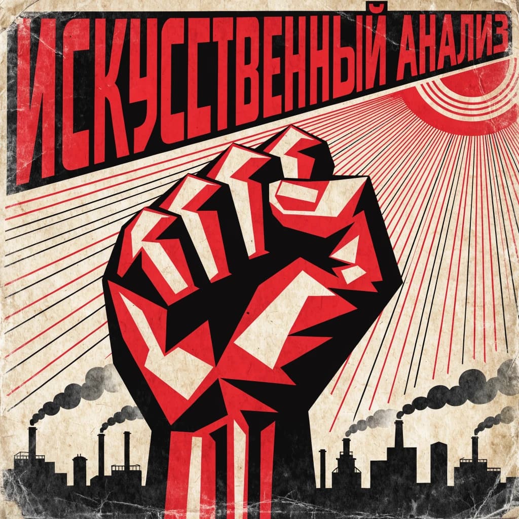 A propaganda poster in stark red, black, and beige. A clenched fist rises in the foreground, rendered with sharp geometric blocks. Behind it, radiating lines stretch upward toward a stylized sun. At the top, bold sans-serif lettering in Cyrillic-inspired type spells out Artificial Analysis, tilted at an angle for emphasis. A factory skyline silhouettes the bottom edge, smoke stacks rising into the background. The texture is rough, printed on aged paper with visible creases and ink bleed. Designed in the constructivist Soviet poster style.