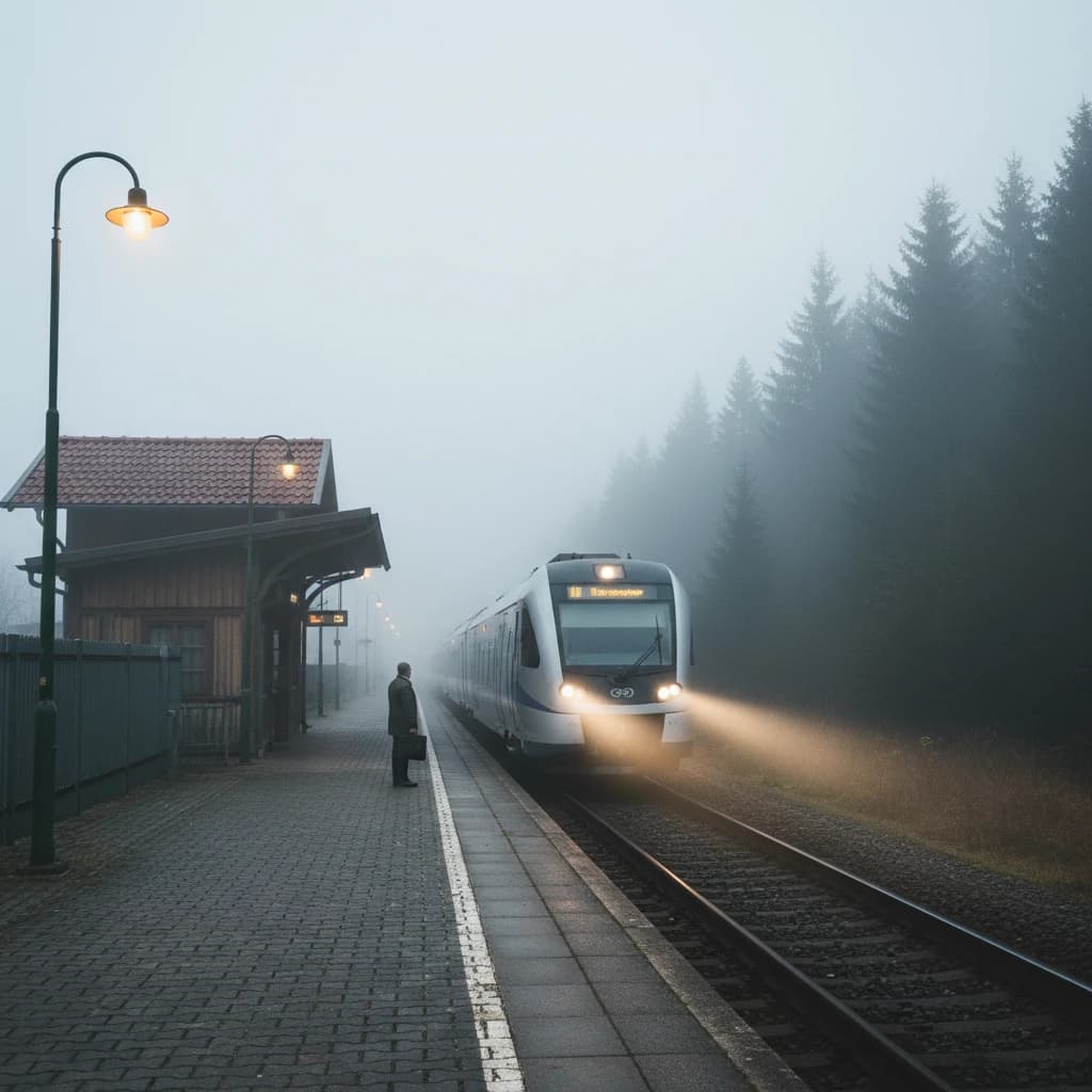 A commuter train enters a foggy little station.