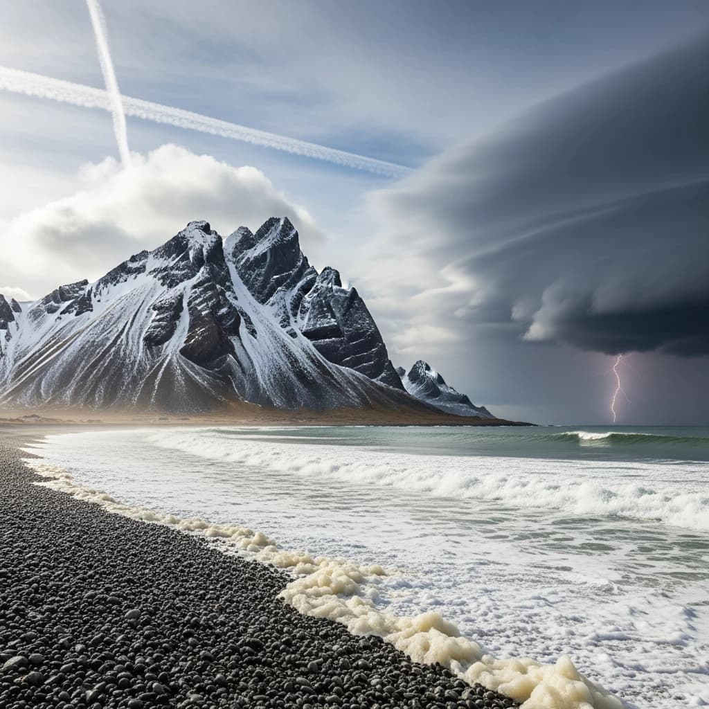 A stunning mountain vista pokes through the cloud top. Contrails from a distant airplane linger in the air. In the foreground there is a stony beach with foamy seas. A thunder storm is visibile in the distant right.