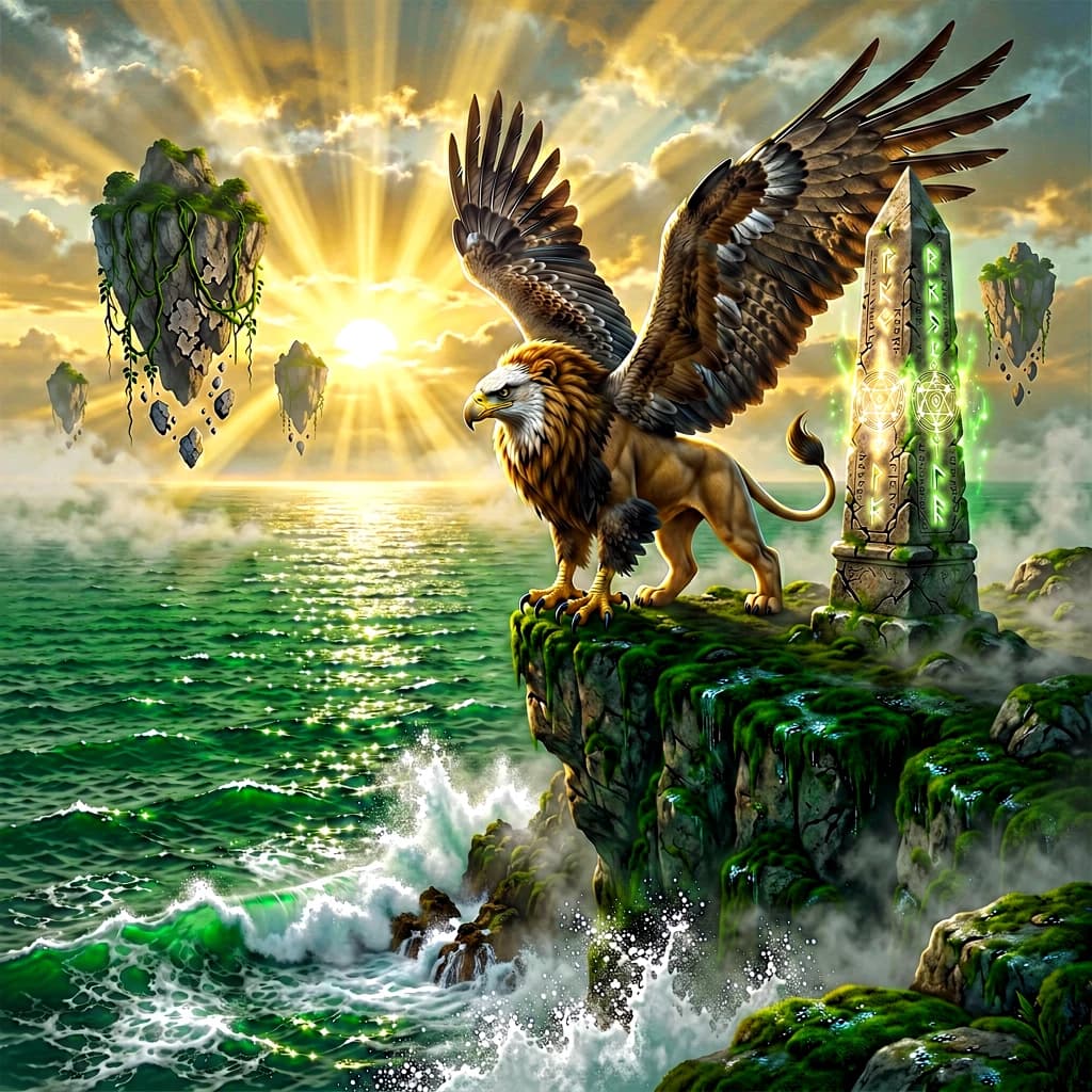 At dawn, a winged griffin lands on a mossy cliff above a jade sea beside a runed obelisk; floating isles drift under golden sunbeams, with a bit of sea spray and glowing runes.
