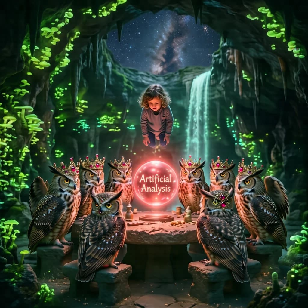 In a cavern lined with bioluminescent fungi glowing lime green, the council of owls wear jeweled crowns that glimmer with rubies, their wings folded behind their backs. Dust coats the stone table, a glowing orb inscribed with “Artificial Analysis” hovers above the table illuminating the owls with its red pulsating light. Behind them, a waterfall falls upward into a ceiling that opens onto stars - a child looks down in wonder from above at what he has stumbled across.