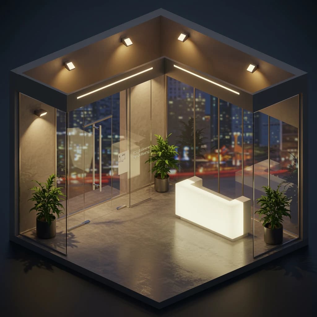Isometric 3D lobby, glass walls, warm lights, slightly moody, soft shadows.
