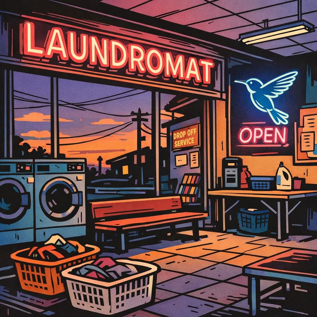 A cozy laundromat at dusk, neon humming, flat colors, bold inked lines.