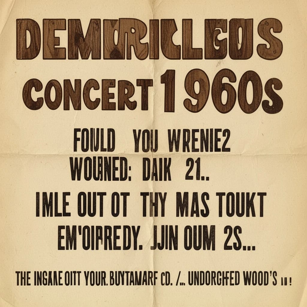 Make a 1960s concert poster featuring bold wood type, misaligned ink, creases.