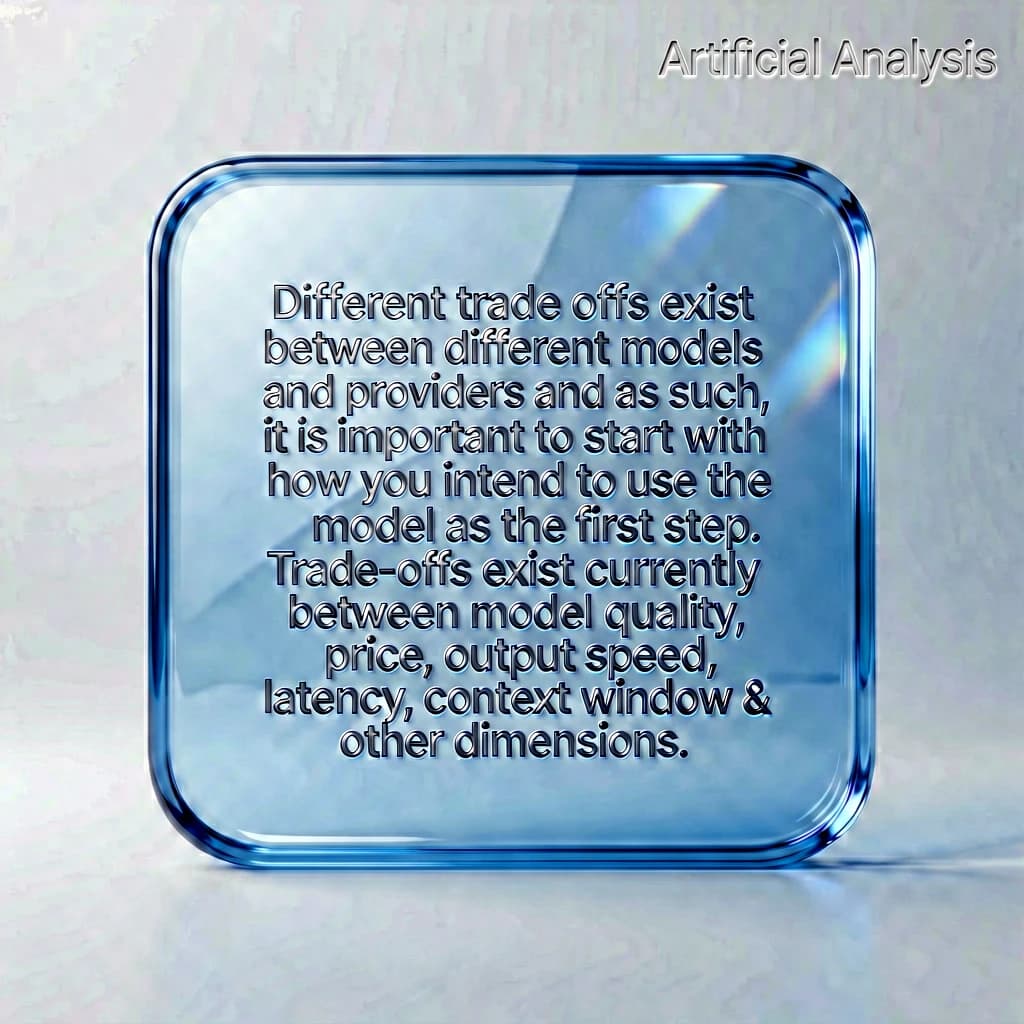 In a clear transparent blue glassy rounded box, etch "Different trade offs exist between different models and providers and as such, it is important to start with how you intend to use the model as the first step. Trade-offs exist currently between model quality, price, output speed, latency, context window & other dimensions. " in sans serif medium weight text. Artificial Analysis is watermarked over the top right 