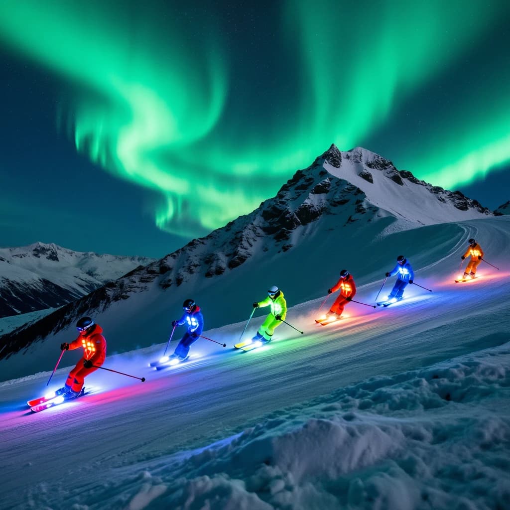 Coronet Peak Night Skiing: Skiers in colorful LED suits carve their way down the slopes of New Zealand's Coronet Peak under the Aurora Borealis, the skiers' light trails visible behind them