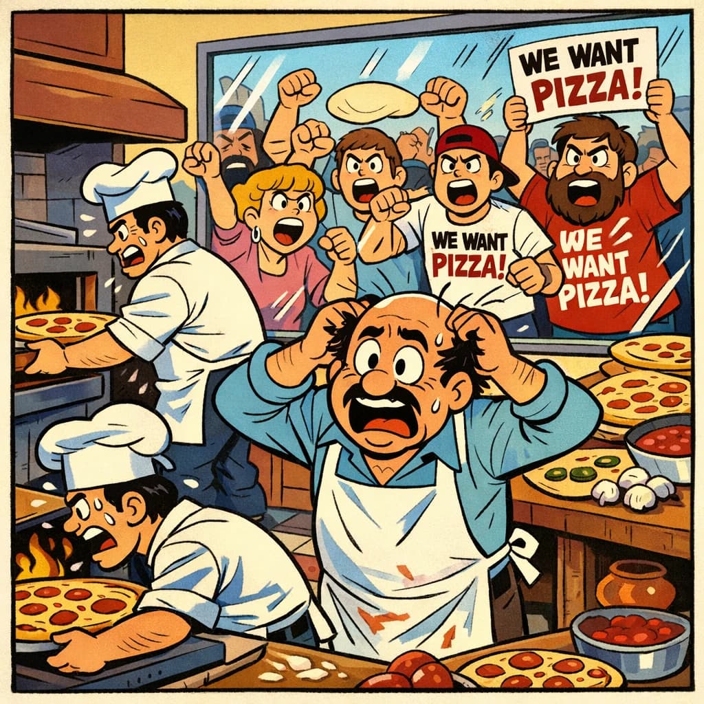 Pasquale is pulling his few remaining hairs out over a disaster at the pizzeria - the cooks are working as fast as they can but the crowds outside are swelling and they demand hot hot pizza! They are banging on the glass and some are wearing "we want pizza" shirts. 1980s western TV animation style.