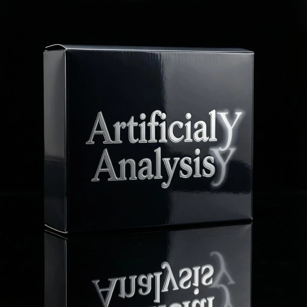 On the black box, silver foil embossing, centered: "Artificial Analysis" in Comic Sans Small Caps, perfectly justified. The letters are crisp, but the “Y” is duplicated faintly, ghosting right. On the box’s reflection, the word order is inverted: ARTIFICIAL ANALYSIS.