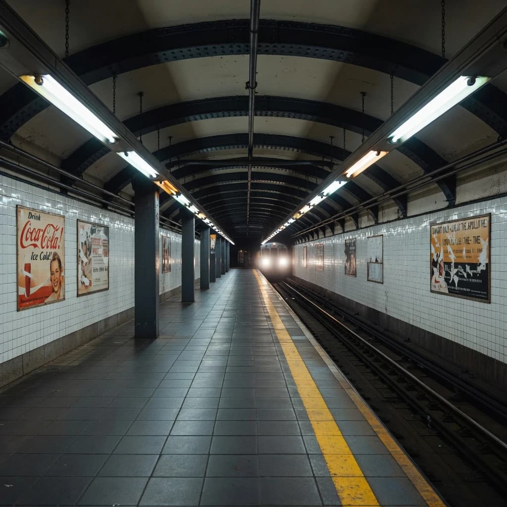 A subterranean subway platform with glossy tiles, peeling posters, flickering fluorescent lights, yellow safety line, and a distant train coming; slightly damp, echoes carry.