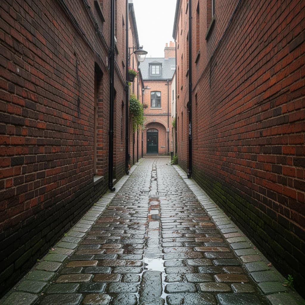 Show a narrow brick alley with wet cobblestones.