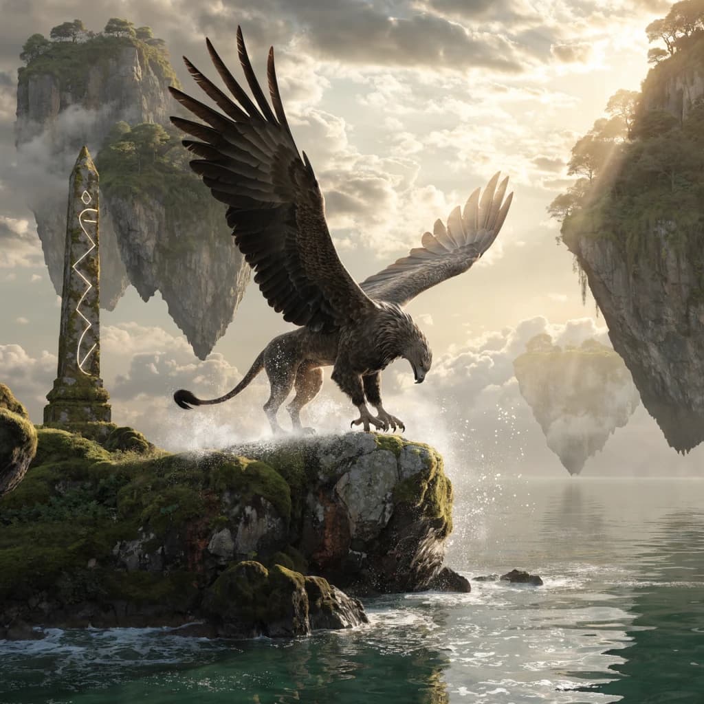 At dawn, a winged griffin lands on a mossy cliff above a jade sea beside a runed obelisk; floating isles drift under golden sunbeams, with a bit of sea spray and glowing runes.