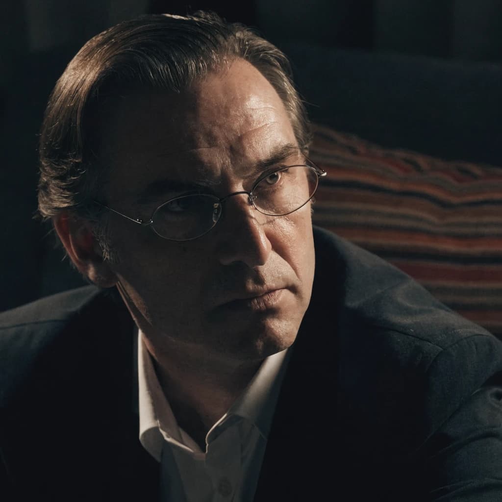 A sharply lit portrait of a middle-aged man wearing thin-rimmed glasses and a dark jacket over a white collared shirt. He gazes intently to the side, his face half illuminated by warm light while the background recedes into deep shadow. The expression is thoughtful, almost wary, as if caught mid-conversation. Behind him, a striped cushion in muted reds and blacks adds subtle texture, contrasting with the crisp highlights on his forehead and glasses. The overall mood is contemplative and cinematic, balancing warmth with tension.