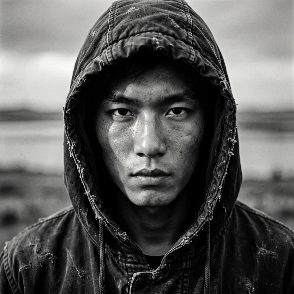 A dramatic black-and-white portrait of a young person draped in a hooded garment, their face framed by the hood's dark folds. Their skin tone and the subtle sheen on their cheeks create striking tonal contrast against the deep shadows. Their eyes are piercing, looking directly into the lens with a calm, steady intensity—neither confrontational nor submissive, but deeply present. The texture of the fabric is visible: it's dense, slightly weathered, and whisper-thin creases catch the light. In the background, an expansive, out-of-focus landscape suggests open space—perhaps distant plains or water—though the details remain soft and abstract. The overall mood is silent yet powerful, poised between vulnerability and resilience, with every highlight and shadow telling part of their story.