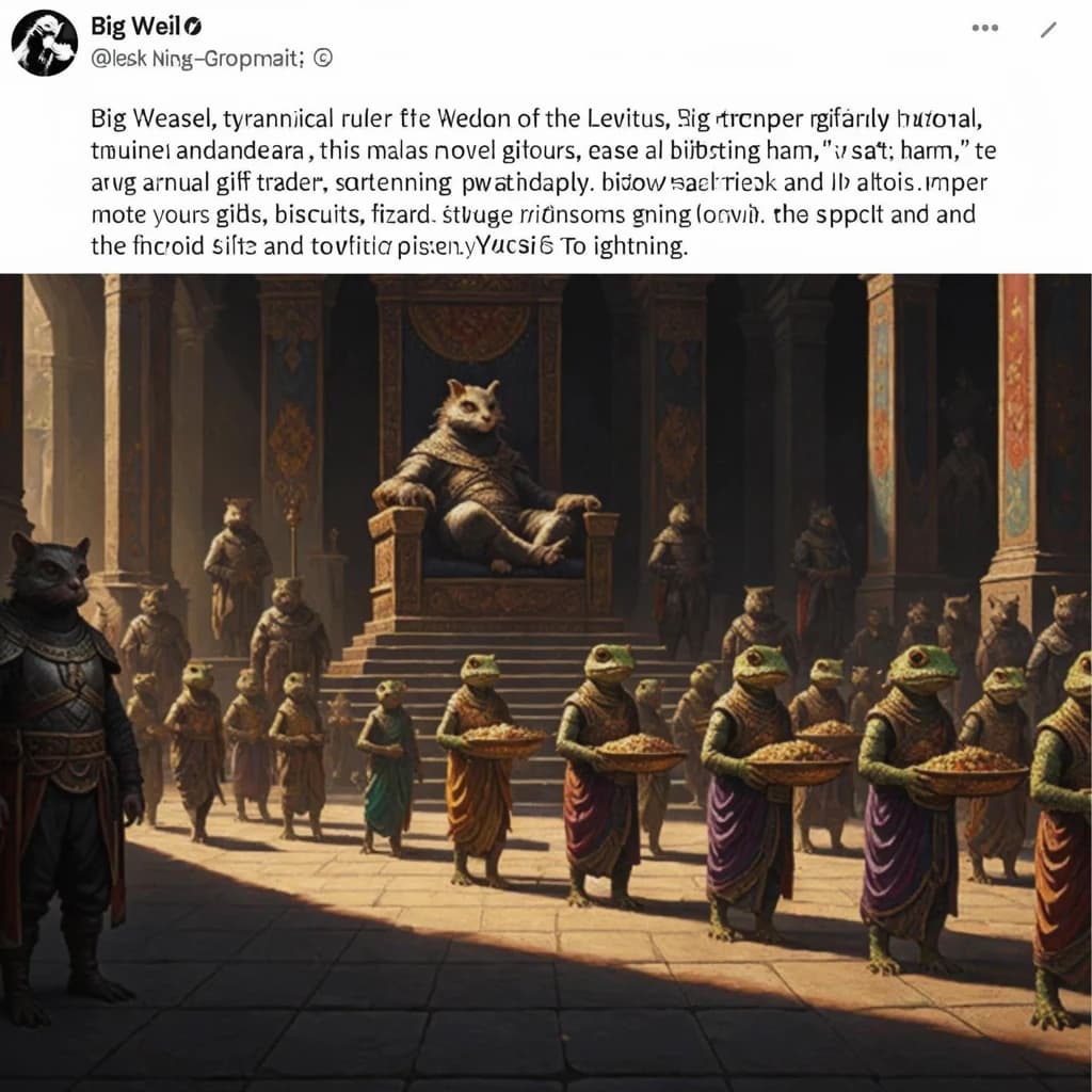 Big Weasel, the tyrannical ruler of the Levitus, slouches on his throne, his mood foul but somewhat brightened by the sight of gifts - a wearisome group of lizard traders adorned in fine silks proceed toward him through the hall with their annual tribute of biscuits, ham and gold - Big Weasel's favourites. Big Weasel's entourage looks on with stern approval.