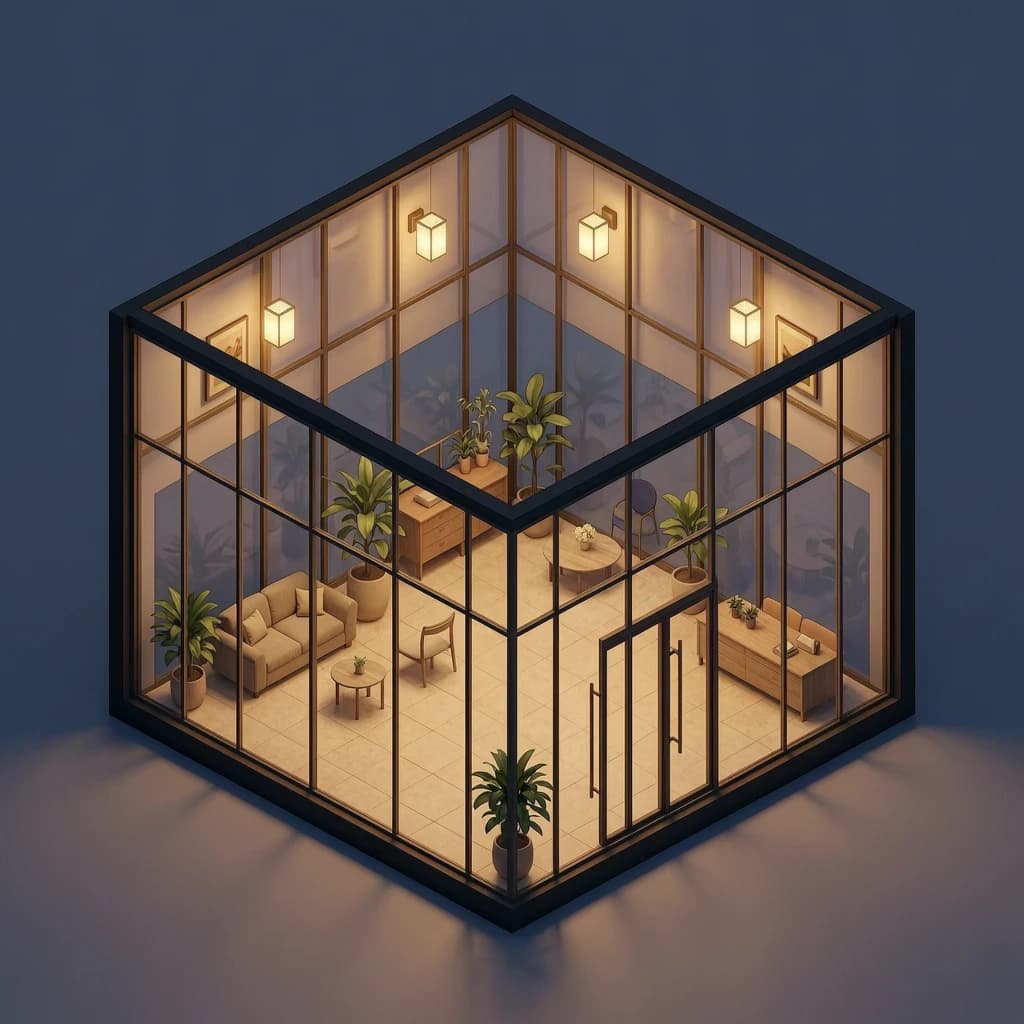 Isometric 3D lobby, glass walls, warm lights, slightly moody, soft shadows.