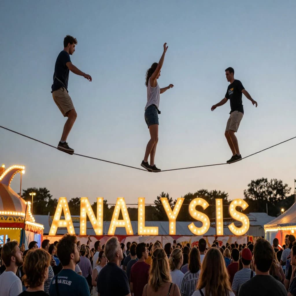 At dusk, high above a carnival crowd, three tightrope walkers balance on a single rope with no aids, one is off balance and grabbing at air. Below, the audience looks upward with baited anticipation. Artificial Analysis is spelled out in the background in carnival lights