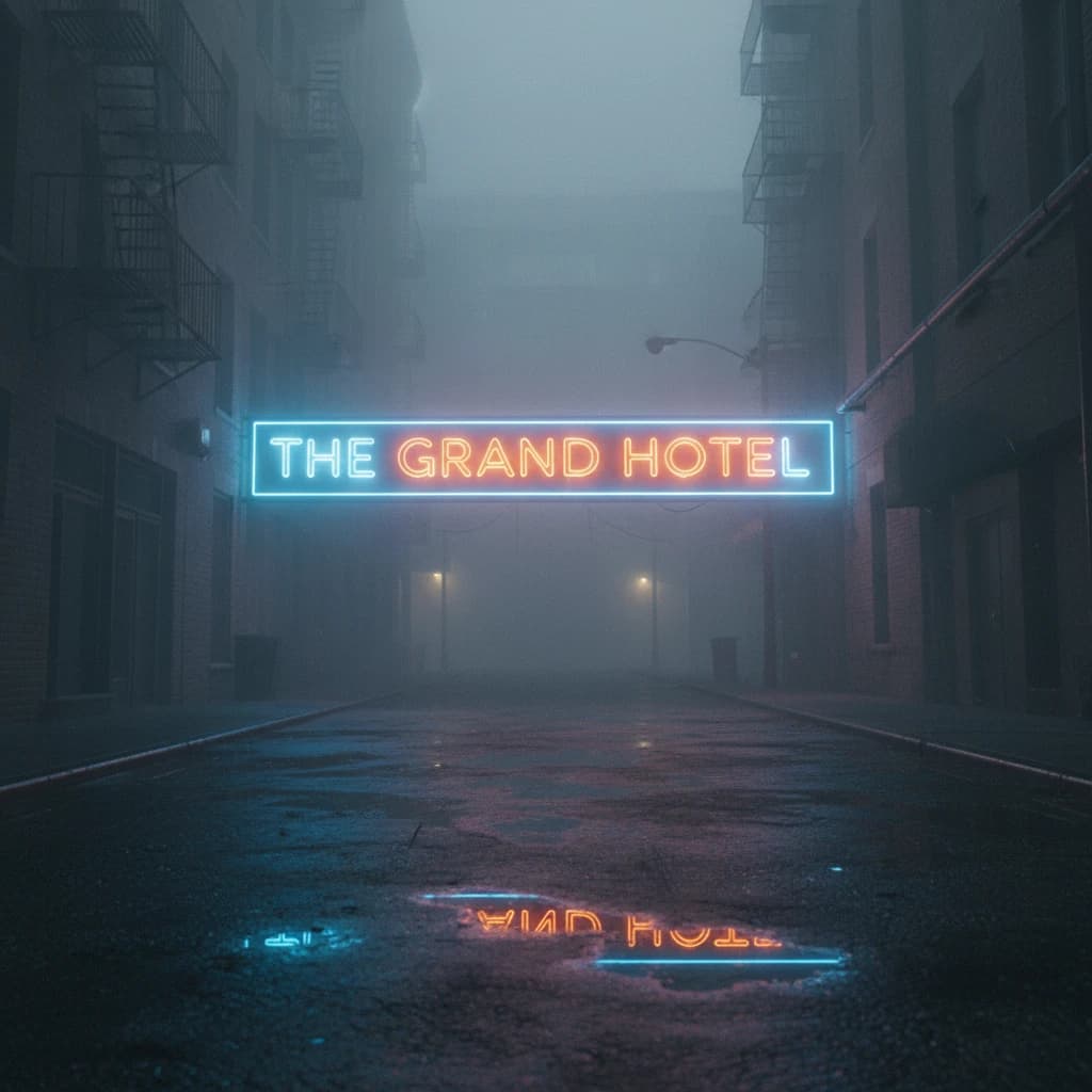 Neon serif letters flicker in a foggy alley, wet asphalt glowing a bit.