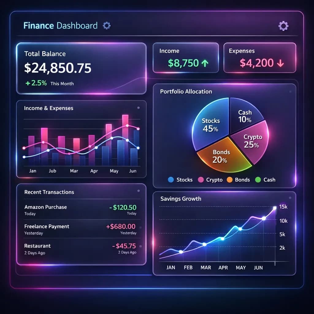 Make a dark mode finance dashboard with charts, glassmorphism, soft neon glow.