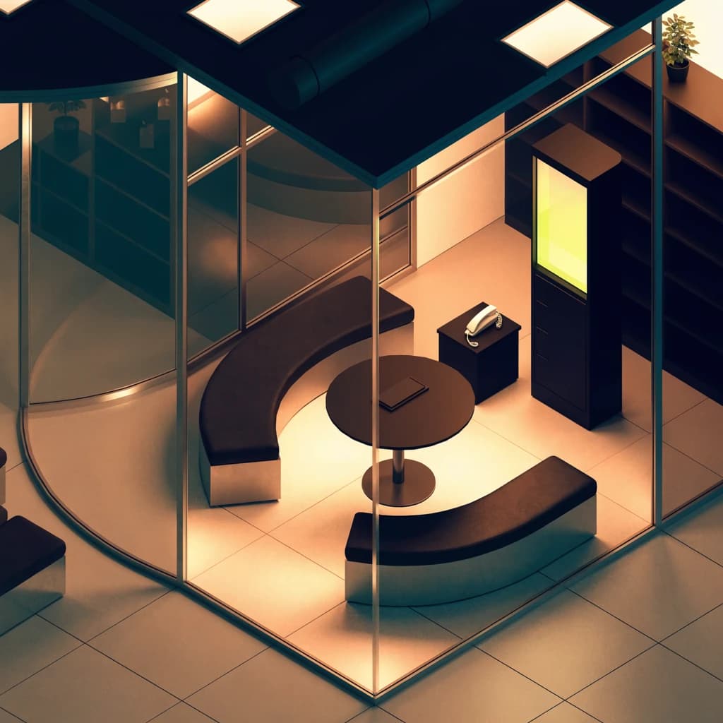 Isometric 3D lobby, glass walls, warm lights, slightly moody, soft shadows.