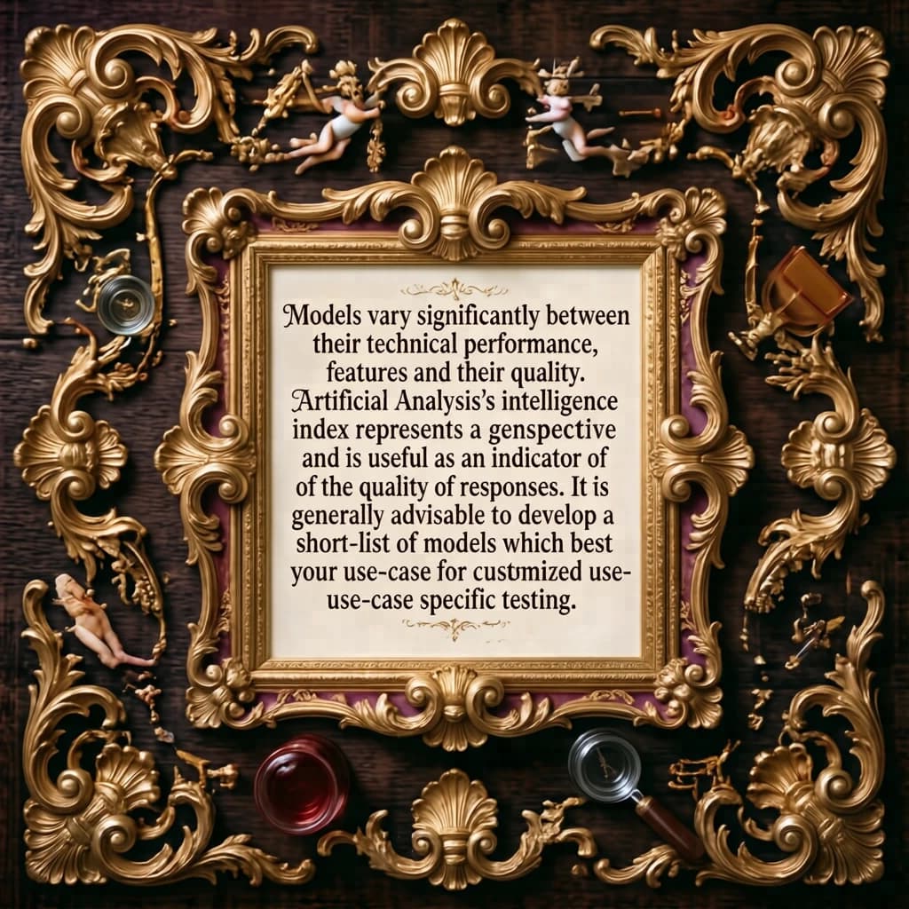 On a flat layout, write in an ornate baroque style "Models vary significantly between their technical performance, features and their quality. Artificial Analysis's intelligence index represents a generalist perspective and is useful as an indicator of the quality of responses. It is generally advisable to develop a short-list of models which best suit your use-case for customized use-case specific testing. "
