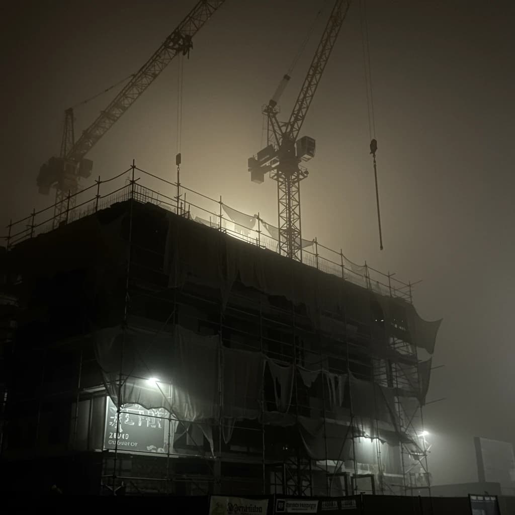 A construction site stretched upward into fog, cranes frozen in silhouette. Wind rattled scaffolding draped with torn mesh that glowed faintly from nearby billboards