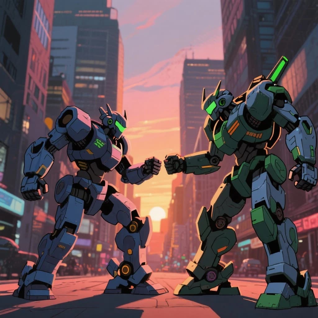 Make a cel-shaded mecha duel at dusk downtown.
