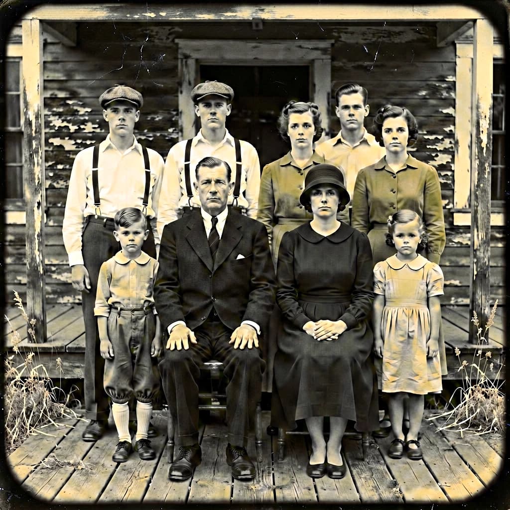 Everybody holds still and nobody smiles for the family portrait. It's 1928 in Kansas