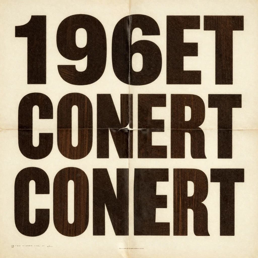 Make a 1960s concert poster featuring bold wood type, misaligned ink, creases.
